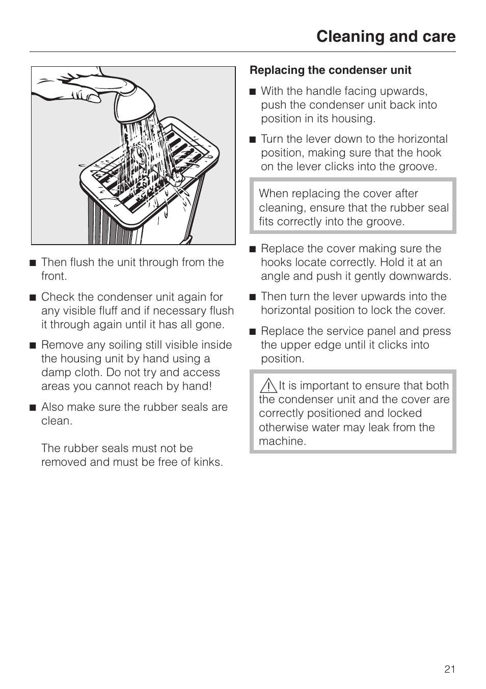 Replacing the condenser unit 21, Cleaning and care | Miele T 4262 C User Manual | Page 21 / 44