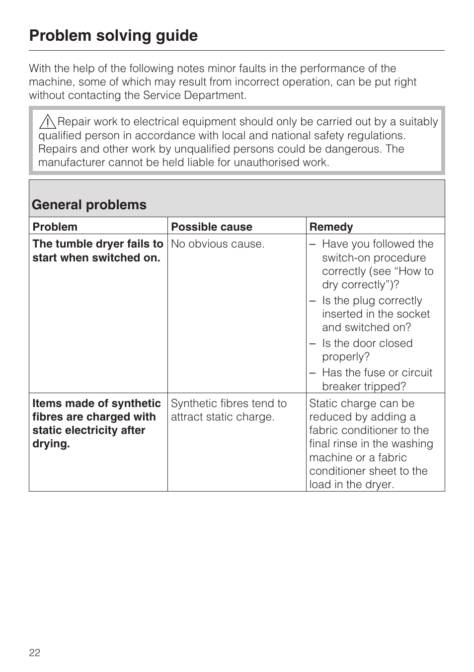 Problem solving guide 22, General problems 22, Problem solving guide | General problems | Miele T 4262 C User Manual | Page 22 / 44