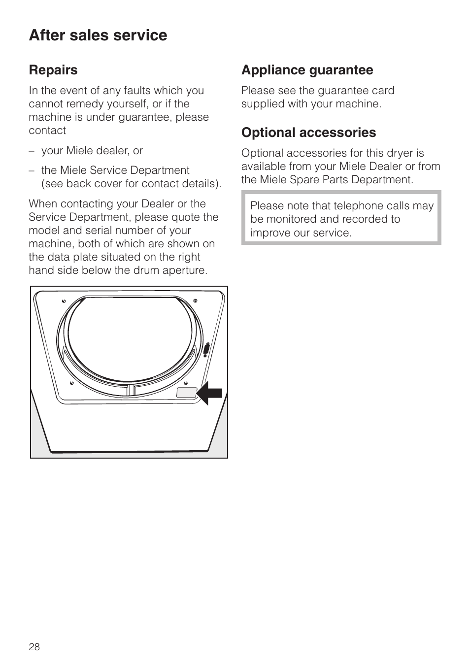 After sales service 28, Repairs 28, Appliance guarantee 28 | Optional accessories 28, After sales service | Miele T 4262 C User Manual | Page 28 / 44