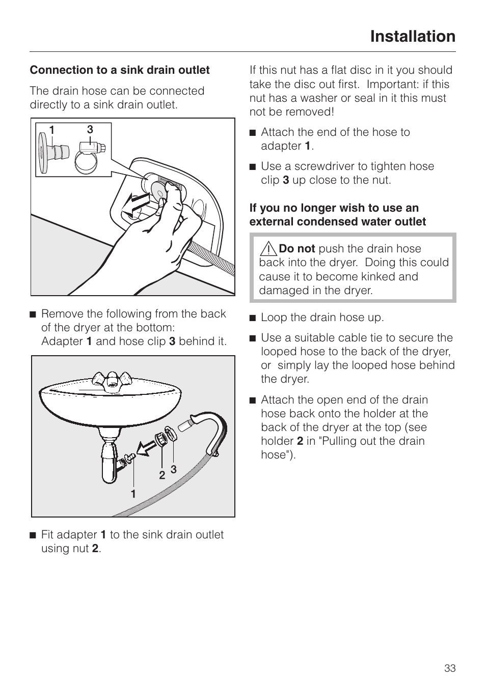 Connection to a sink drain outlet 33, Installation | Miele T 4262 C User Manual | Page 33 / 44