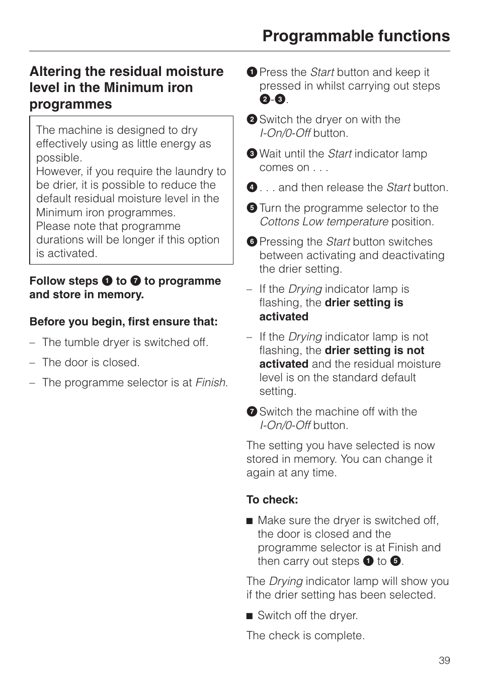 Programmable functions | Miele T 4262 C User Manual | Page 39 / 44