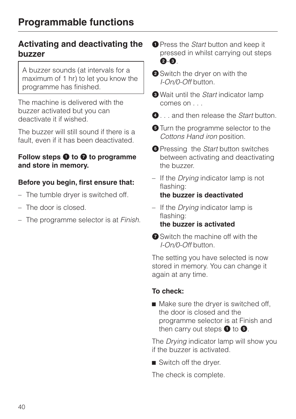 Activating and deactivating the buzzer 40, Programmable functions, Activating and deactivating the buzzer | Miele T 4262 C User Manual | Page 40 / 44