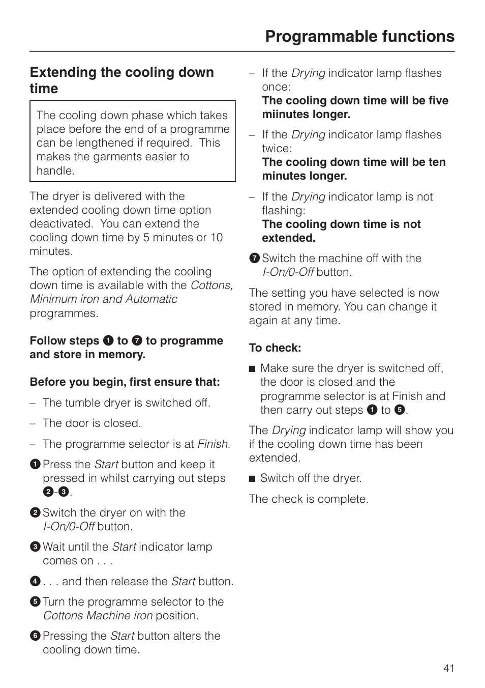 Extending the cooling down time 41, Programmable functions, Extending the cooling down time | Miele T 4262 C User Manual | Page 41 / 44