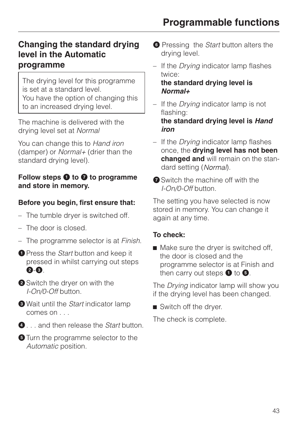 Programmable functions | Miele T 4262 C User Manual | Page 43 / 44