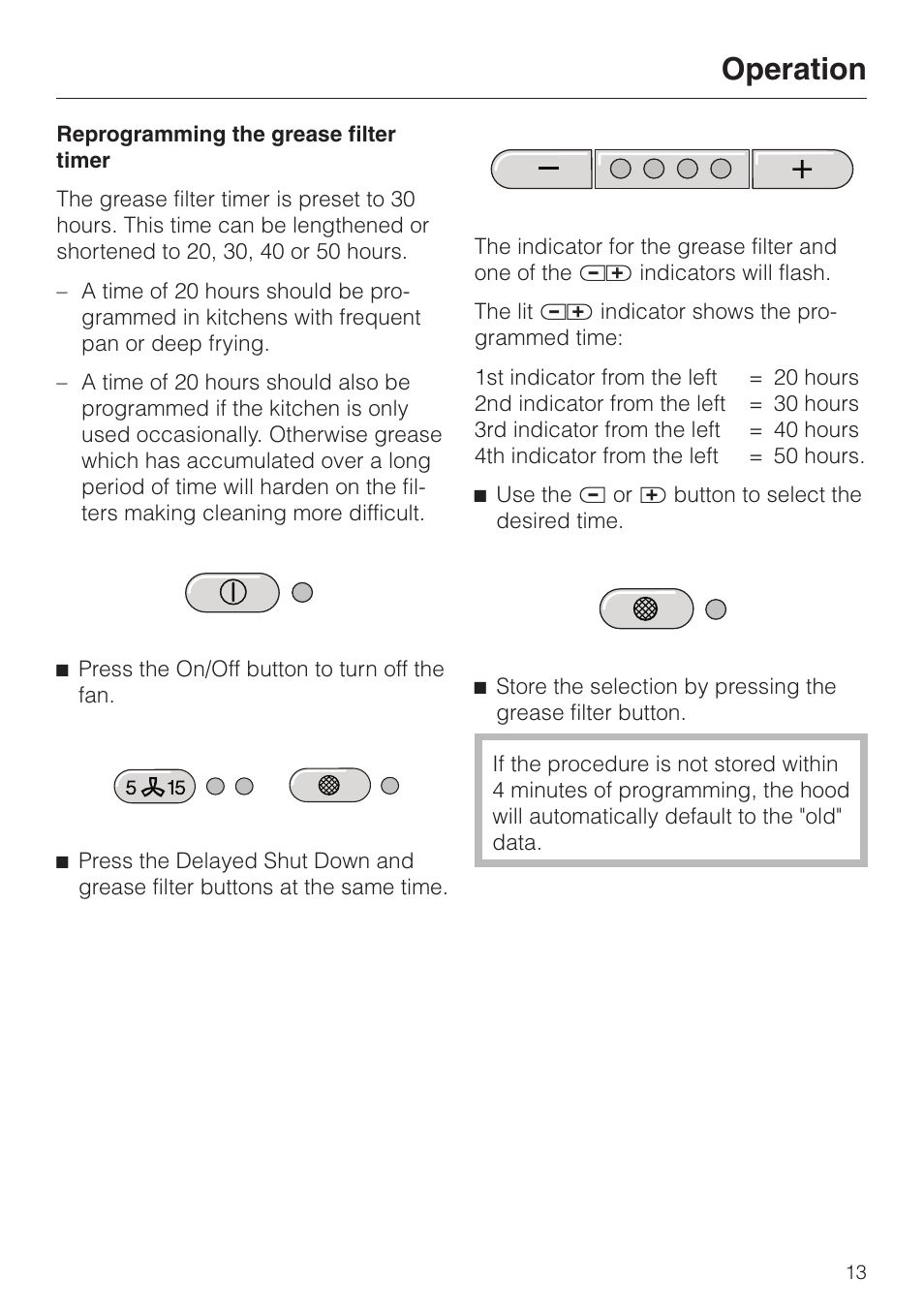 Reprogramming the grease filter timer 13, Reprogramming the grease filter timer, Operation | Miele DA 230-3 User Manual | Page 13 / 32