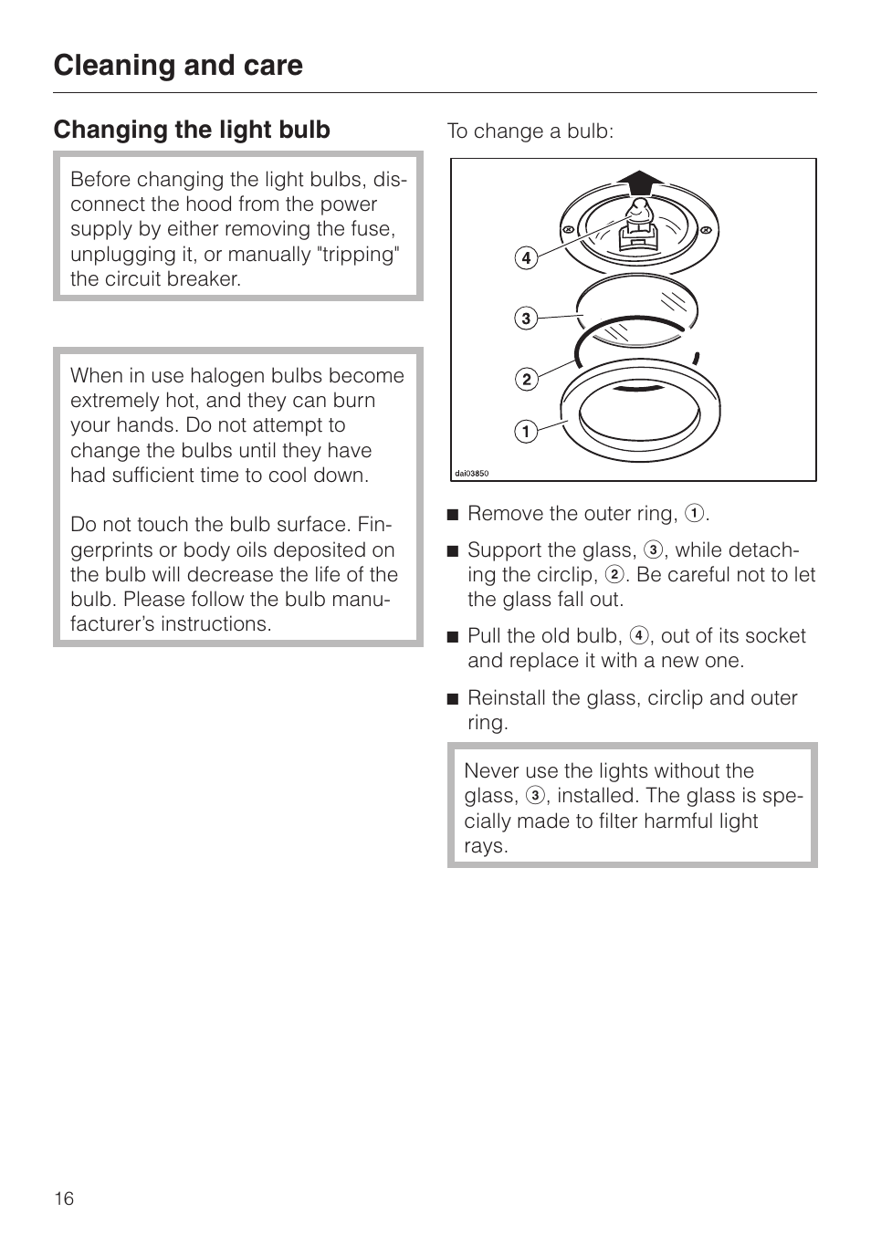 Changing the light bulb 16, Changing the light bulb, Cleaning and care | Miele DA 230-3 User Manual | Page 16 / 32