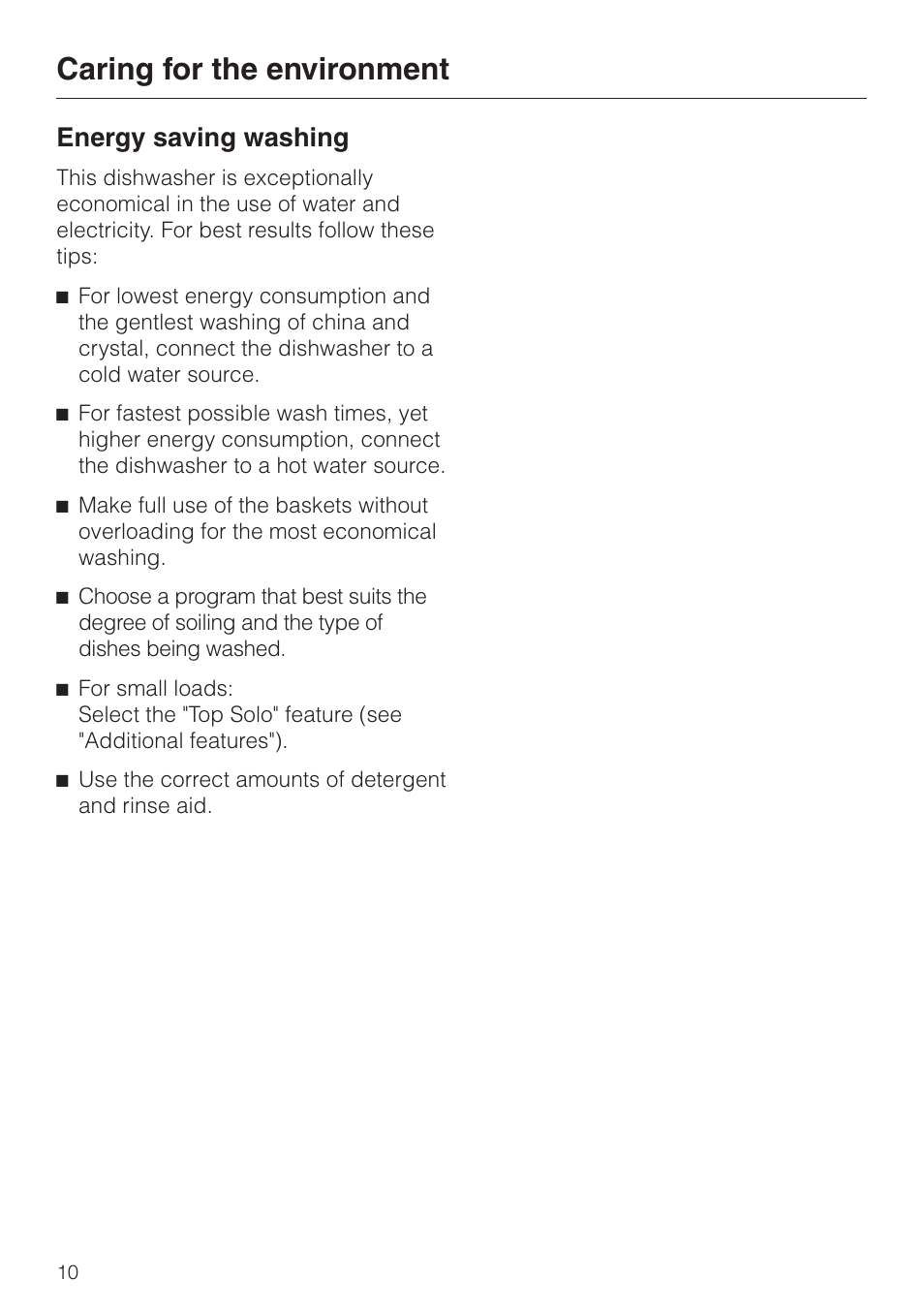 Caring for the environment 10, Energy saving washing 10, Caring for the environment | Energy saving washing | Miele TOUCHTRONIC G 832 SC User Manual | Page 10 / 48