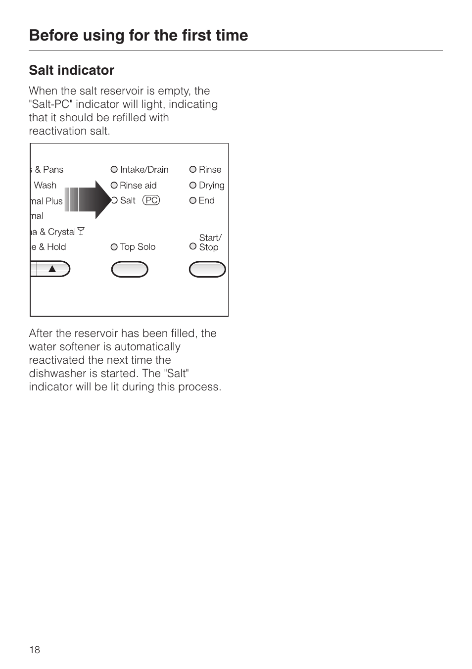 Salt indicator 18, Before using for the first time | Miele TOUCHTRONIC G 832 SC User Manual | Page 18 / 48