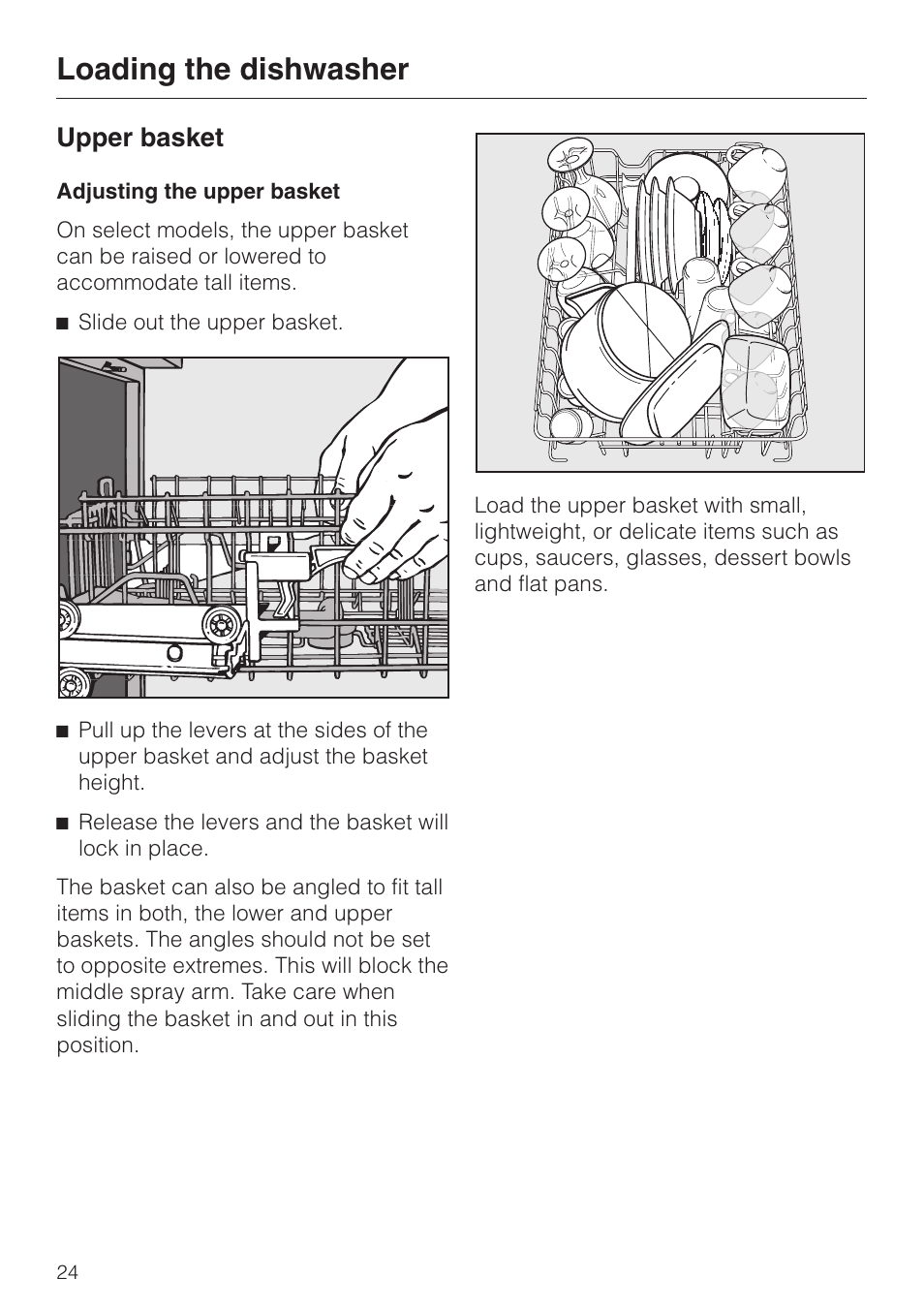 Upper basket 24, Adjusting the upper basket 24, Loading the dishwasher | Upper basket | Miele TOUCHTRONIC G 832 SC User Manual | Page 24 / 48