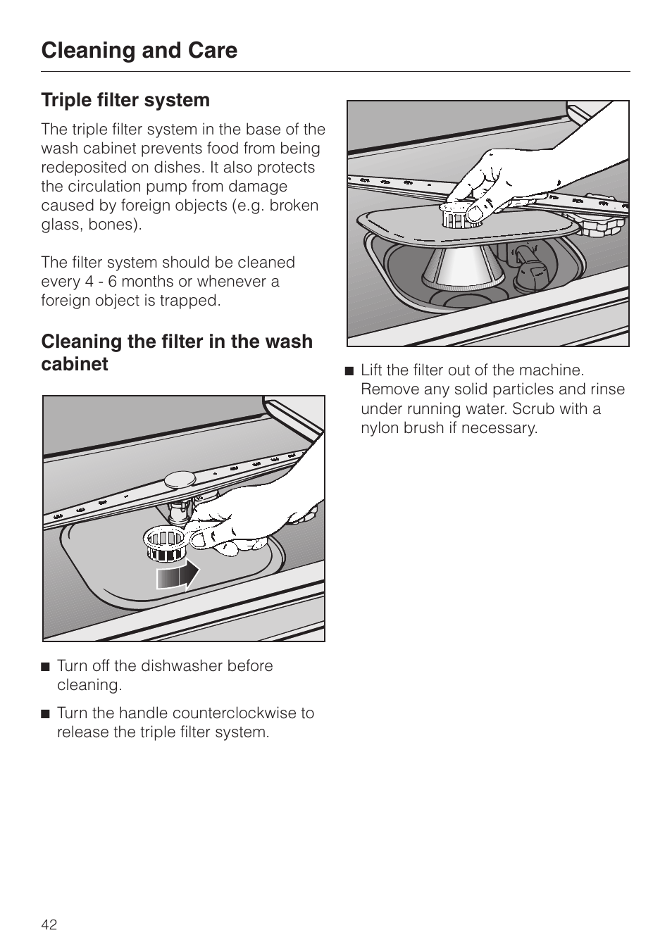 Cleaning and care 42, Cleaning the filter in the wash cabinet 42, Cleaning and care | Triple filter system, Cleaning the filter in the wash cabinet | Miele TOUCHTRONIC G 832 SC User Manual | Page 42 / 48