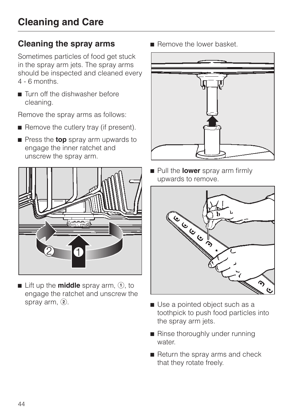 Cleaning the spray arms 44, Cleaning and care, Cleaning the spray arms | Miele TOUCHTRONIC G 832 SC User Manual | Page 44 / 48