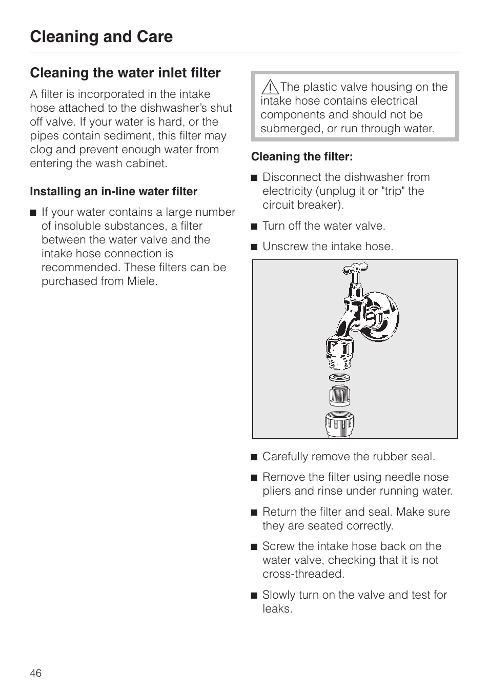 Cleaning the water inlet filter 46, Cleaning and care, Cleaning the water inlet filter | Miele TOUCHTRONIC G 832 SC User Manual | Page 46 / 48