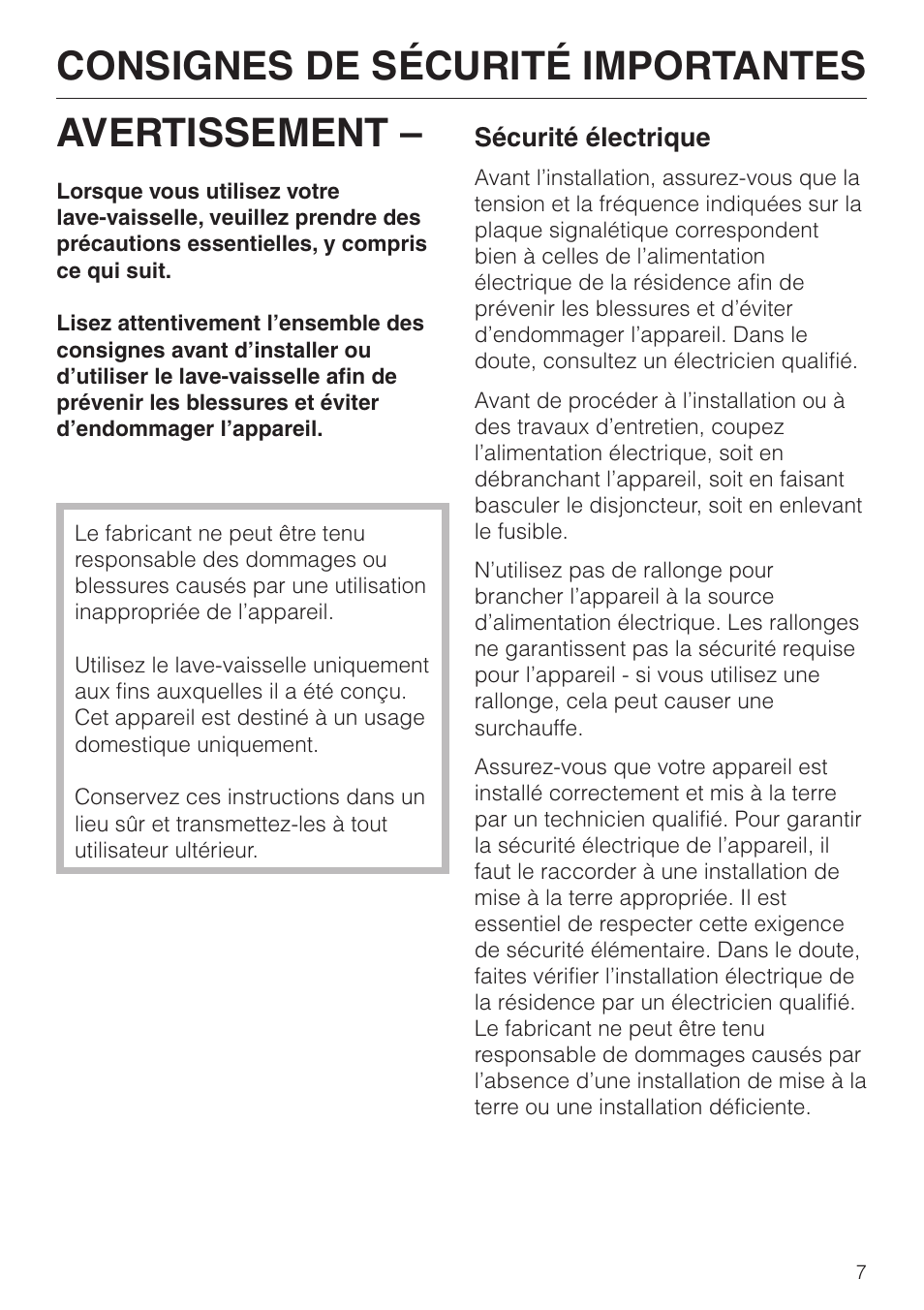 Consignes de sécurité importantes 7, Avertissement, Consignes de sécurité importantes | Miele TOUCHTRONIC G 832 SC User Manual | Page 7 / 48