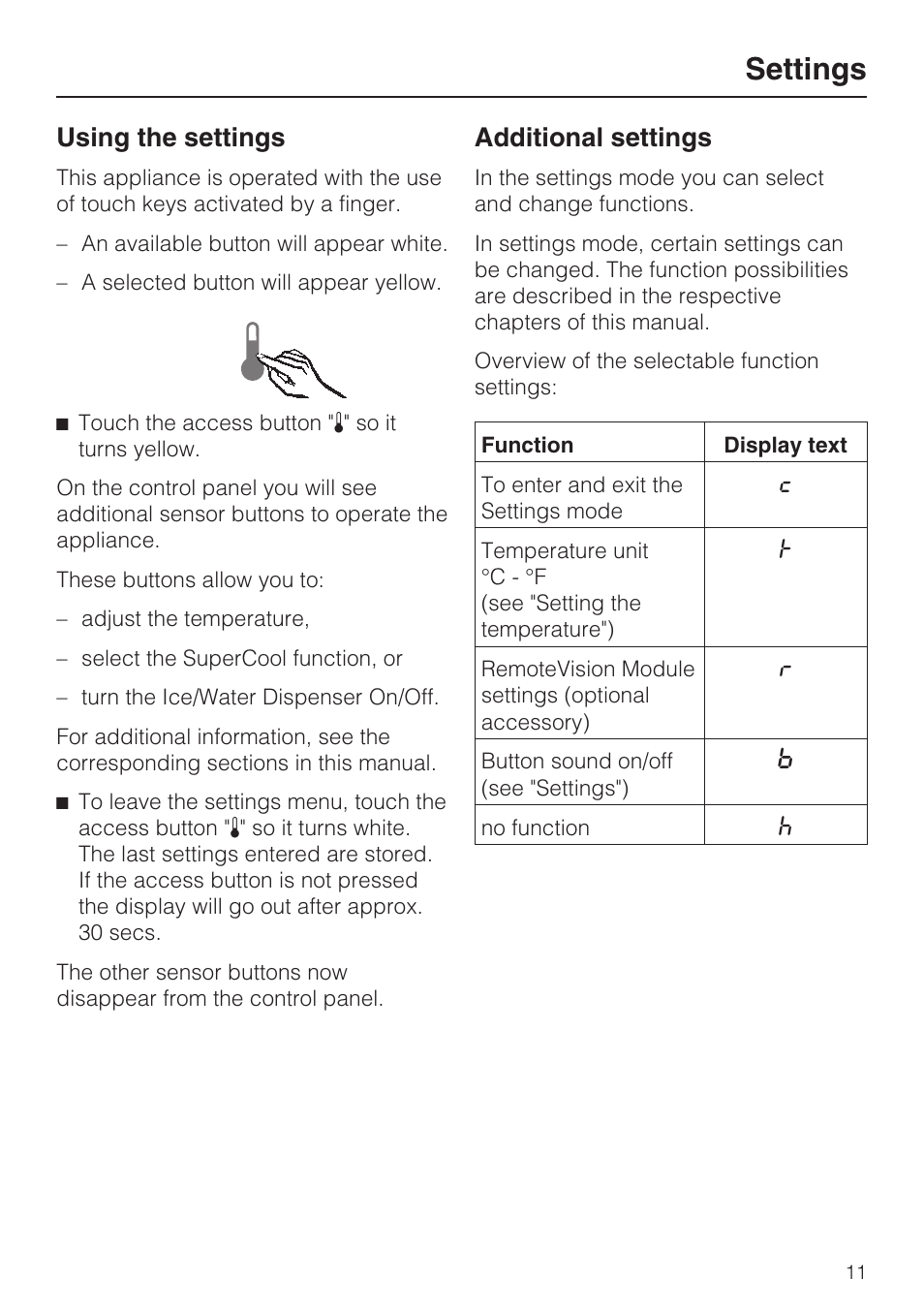 Settings 11, Using the settings 11, Additional settings 11 | Settings, Using the settings, Additional settings | Miele F1471VI User Manual | Page 11 / 88
