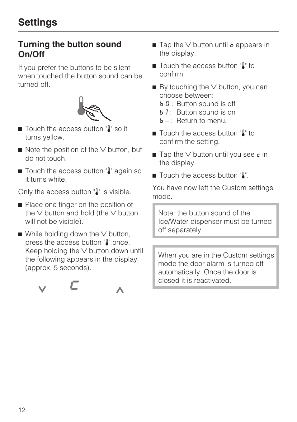 Turning the button sound on/off 12, Settings, Turning the button sound on/off | Miele F1471VI User Manual | Page 12 / 88