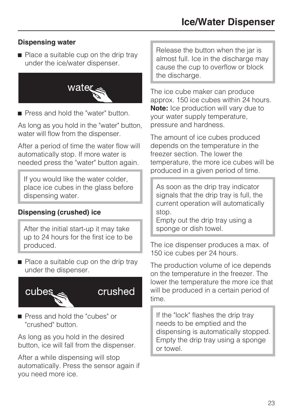 Ice/water dispenser | Miele F1471VI User Manual | Page 23 / 88