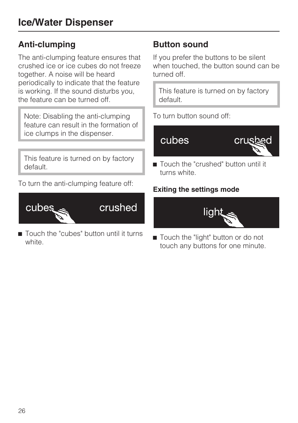 Anti-clumping 26, Button sound 26, Ice/water dispenser | Anti-clumping, Button sound | Miele F1471VI User Manual | Page 26 / 88