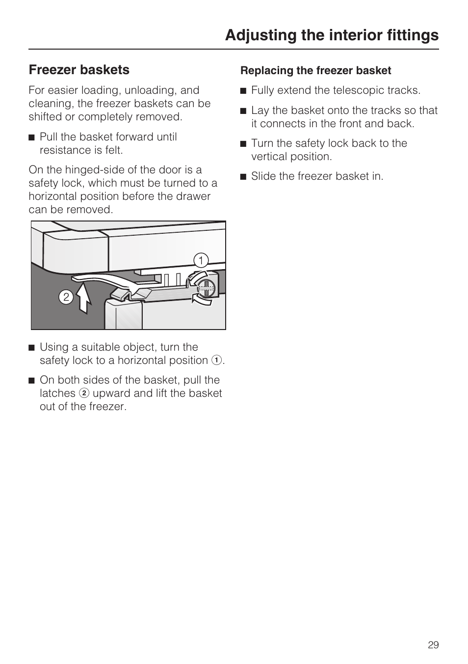 Adjusting the interior fittings, Freezer baskets | Miele F1471VI User Manual | Page 29 / 88