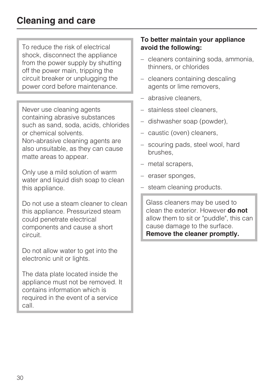 Cleaning and care 30, Cleaning and care | Miele F1471VI User Manual | Page 30 / 88