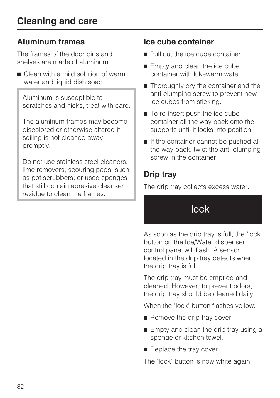 Aluminum frames 32, Ice cube container 32, Drip tray 32 | Cleaning and care, Aluminum frames, Ice cube container, Drip tray | Miele F1471VI User Manual | Page 32 / 88