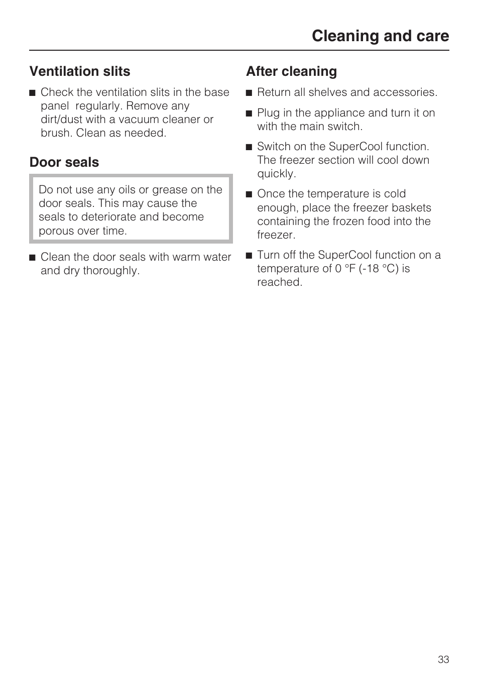 Ventilation slits 33, Door seals 33, Cleaning and care | Ventilation slits, Door seals, After cleaning | Miele F1471VI User Manual | Page 33 / 88
