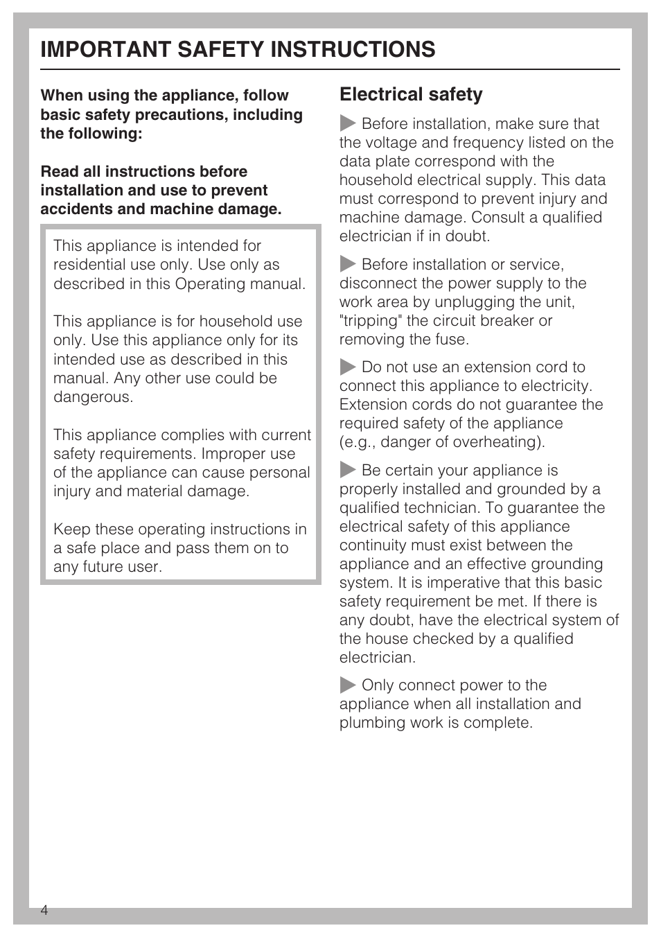 Important safety instructions 4, Important safety instructions | Miele F1471VI User Manual | Page 4 / 88