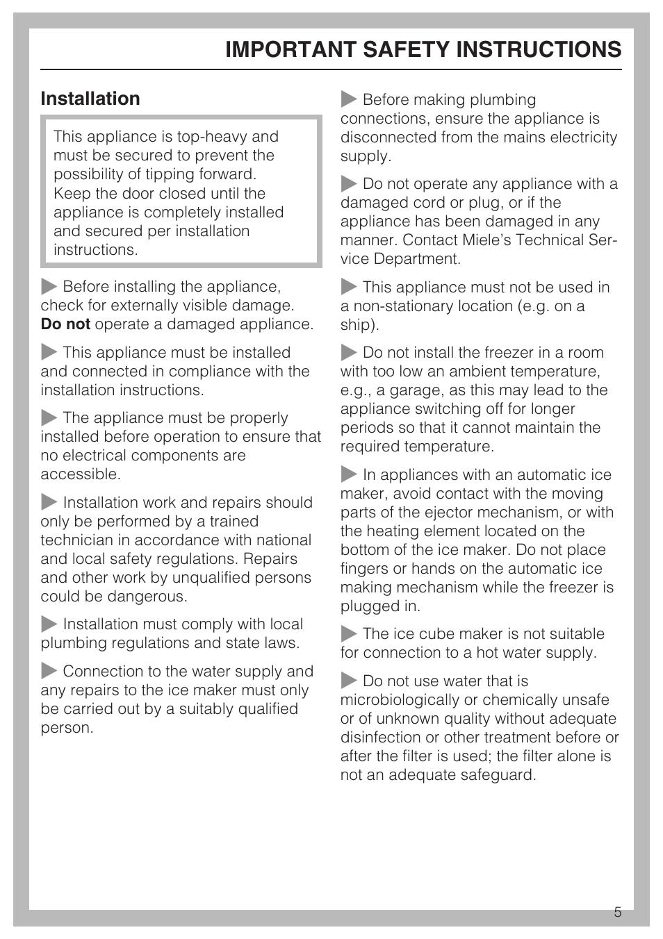 Important safety instructions | Miele F1471VI User Manual | Page 5 / 88
