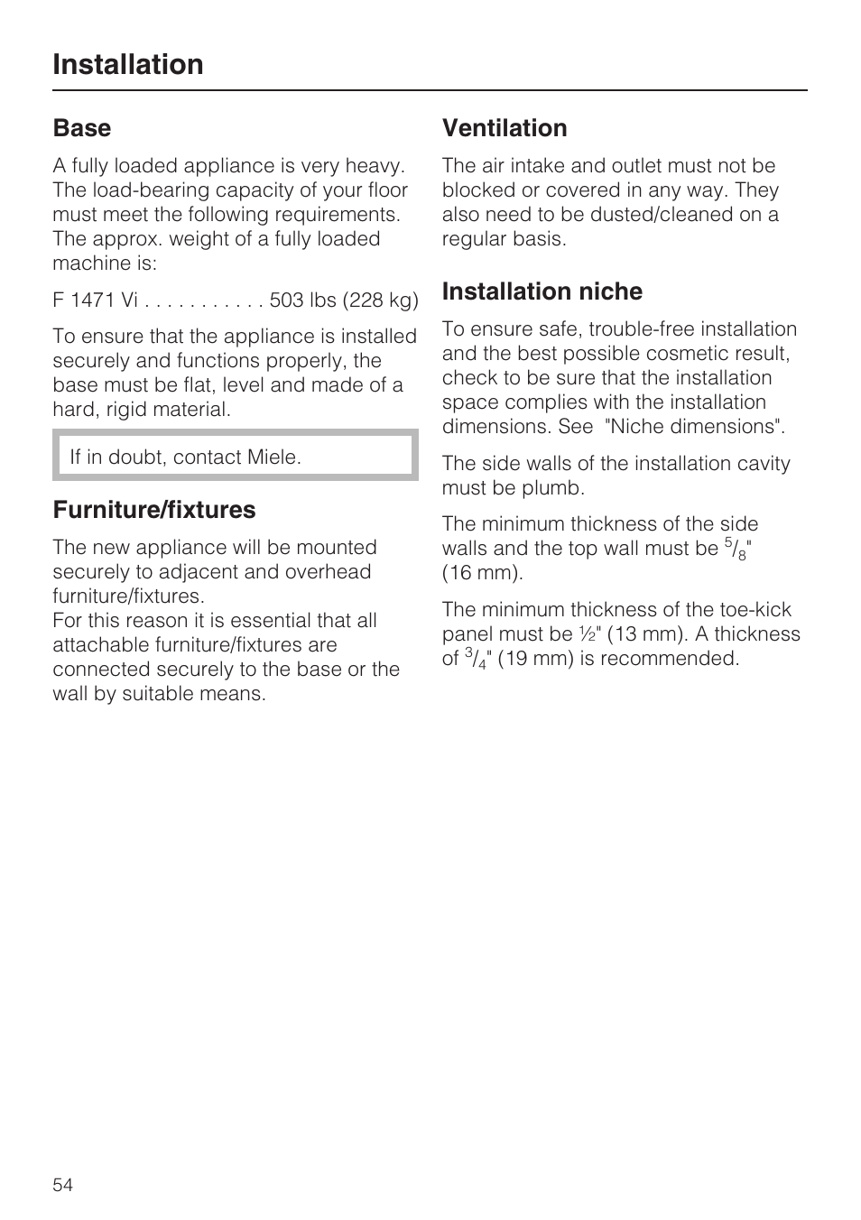 Installation, Base, Furniture/fixtures | Ventilation, Installation niche | Miele F1471VI User Manual | Page 54 / 88