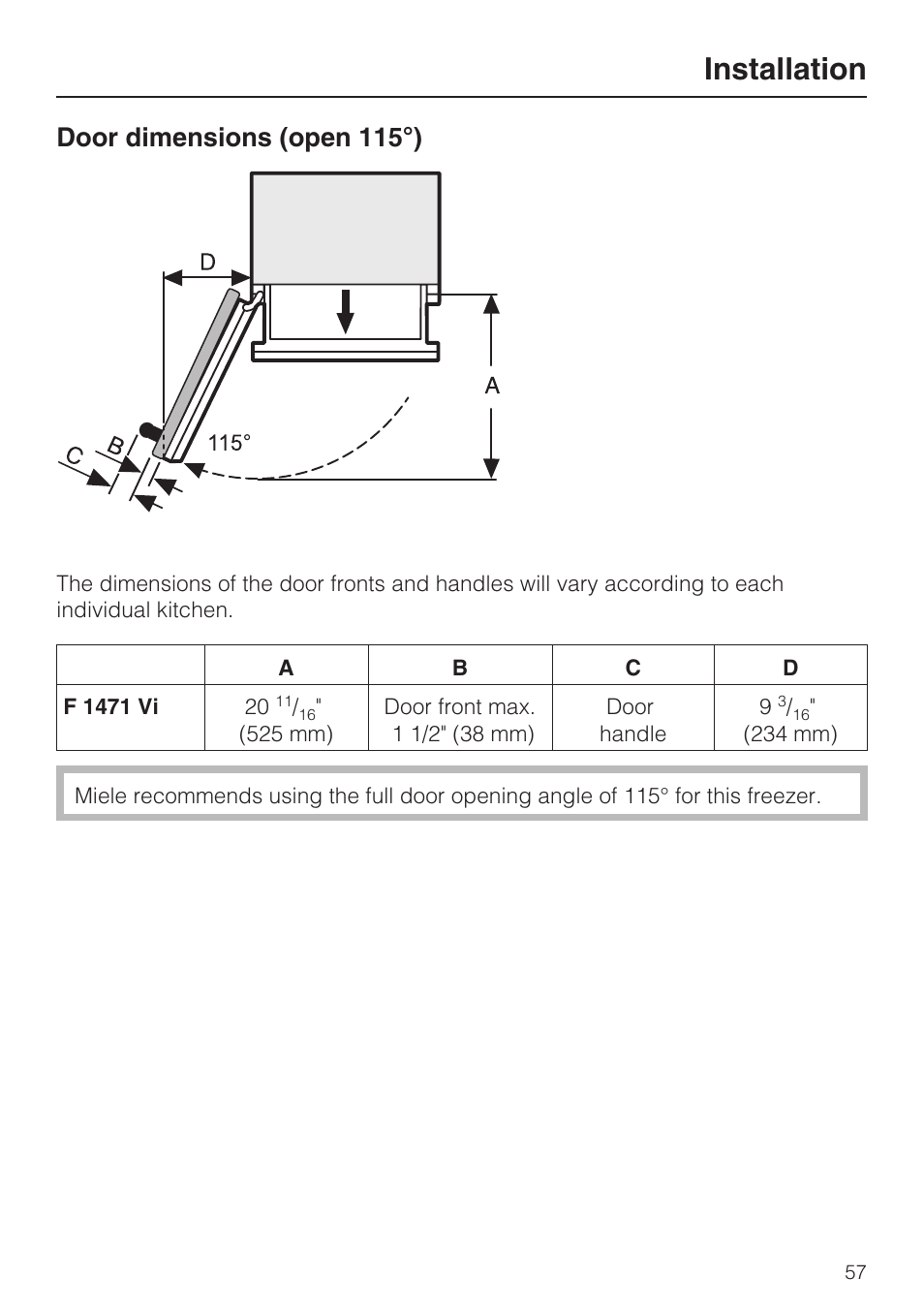 Door dimensions (open 115°) 57, Installation, Door dimensions (open 115°) | Miele F1471VI User Manual | Page 57 / 88