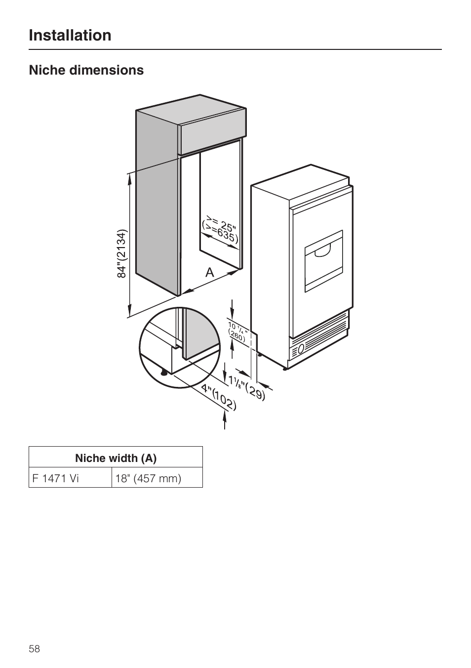 Niche dimensions 58, Installation | Miele F1471VI User Manual | Page 58 / 88