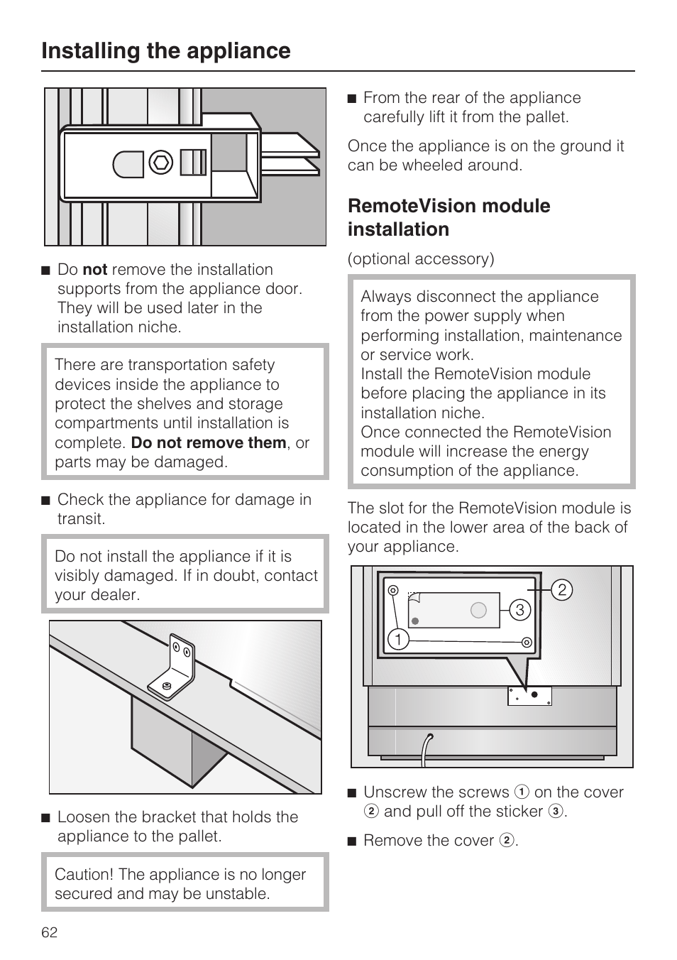 Remotevision module installation 62, Installing the appliance, Remotevision module installation | Miele F1471VI User Manual | Page 62 / 88
