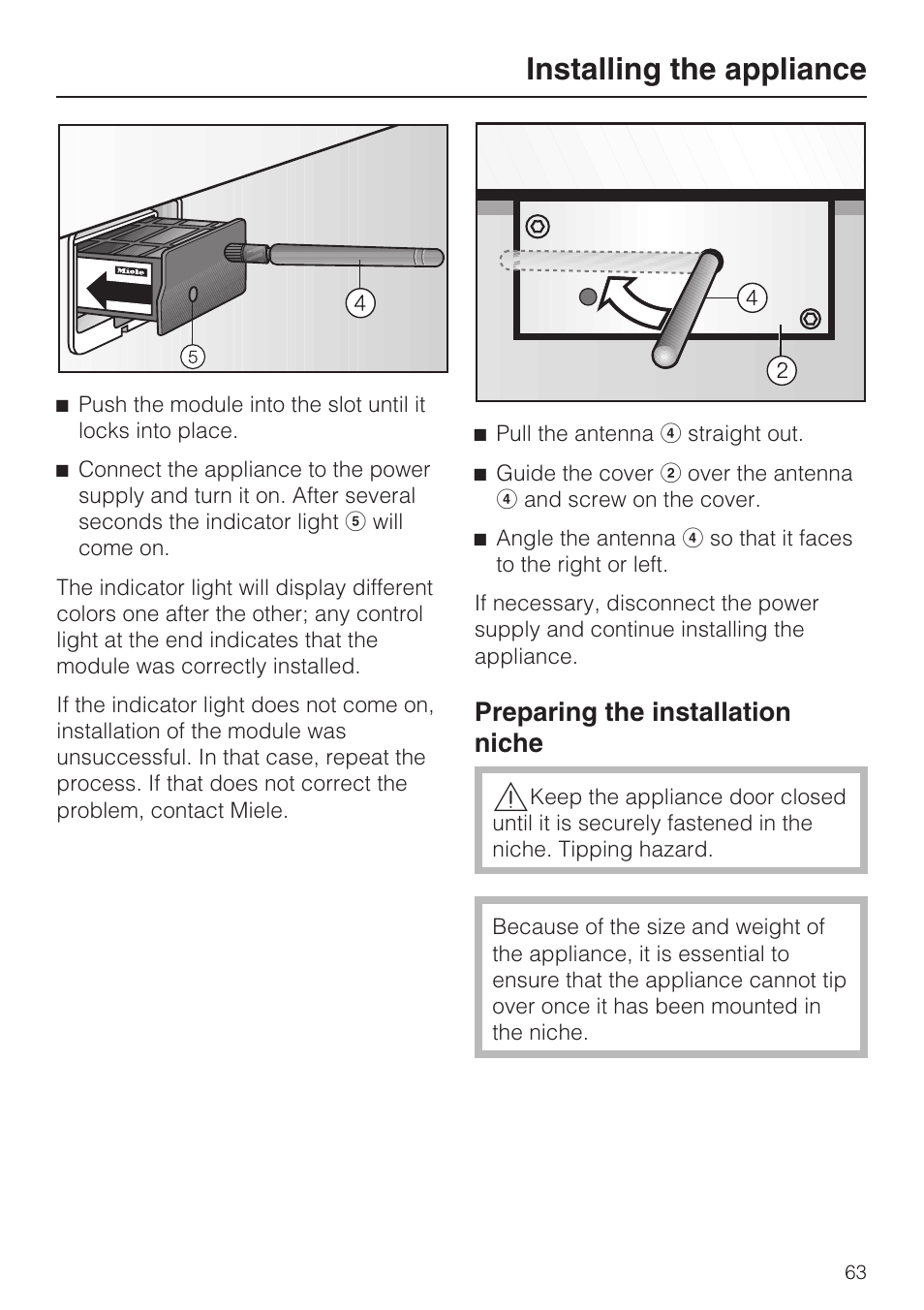 Preparing the installation niche 63, Installing the appliance, Preparing the installation niche | Miele F1471VI User Manual | Page 63 / 88