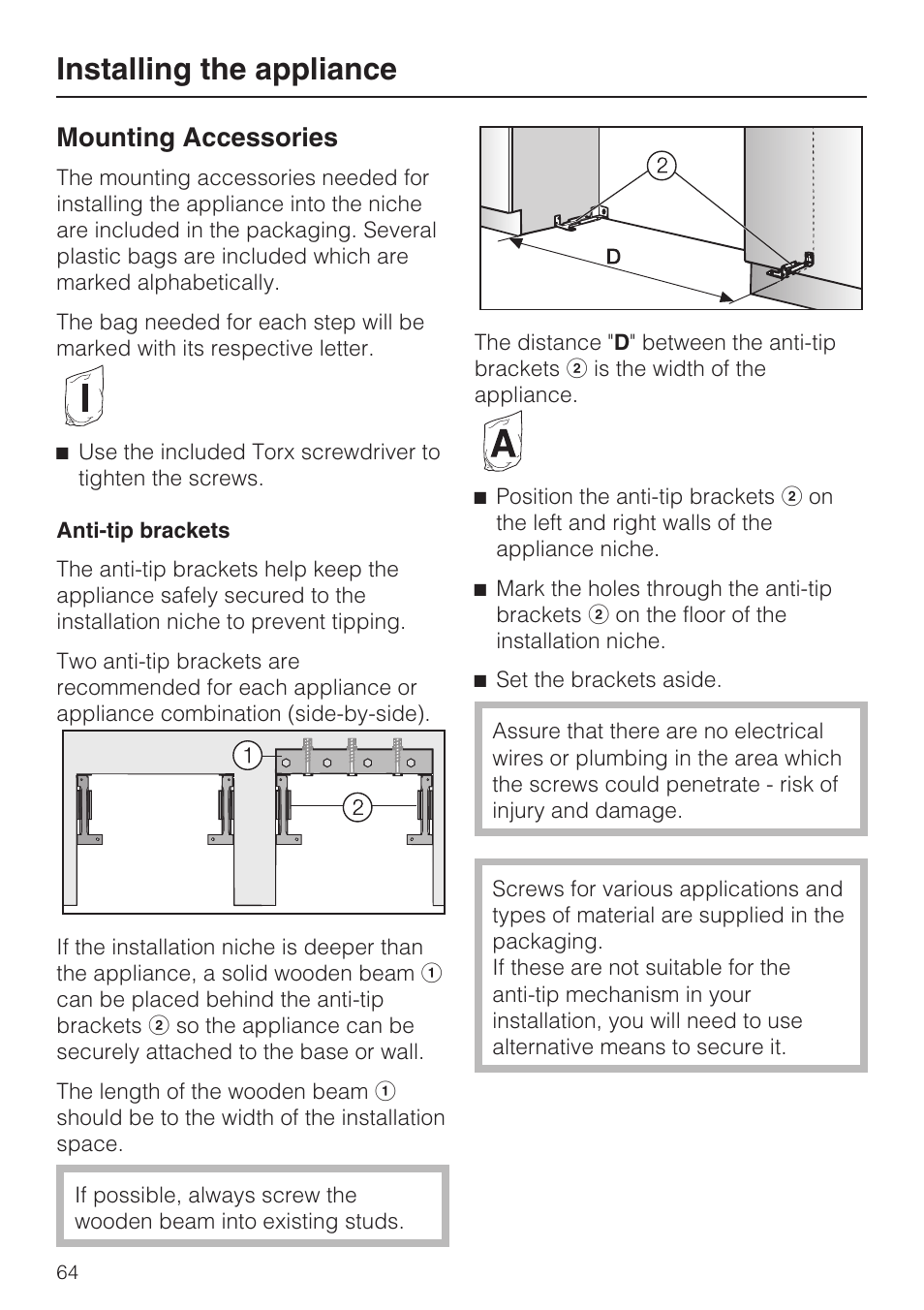 Installing the appliance, Mounting accessories | Miele F1471VI User Manual | Page 64 / 88