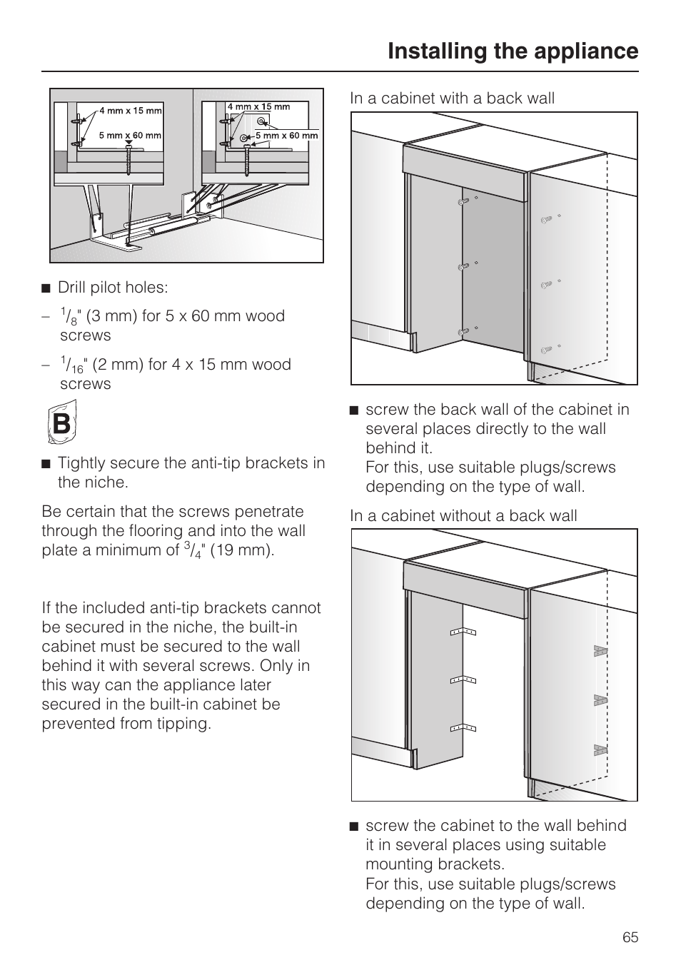 Installing the appliance | Miele F1471VI User Manual | Page 65 / 88