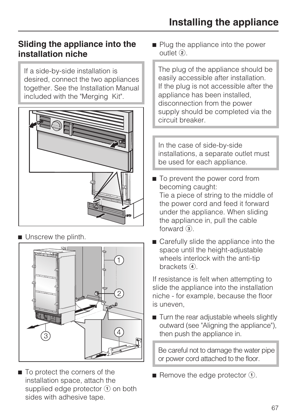 Installing the appliance, Sliding the appliance into the installation niche | Miele F1471VI User Manual | Page 67 / 88