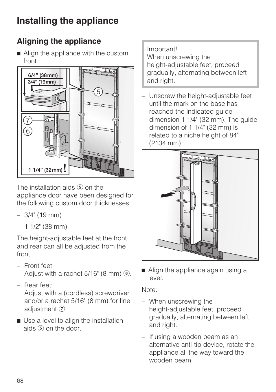 Aligning the appliance 68, Installing the appliance, Aligning the appliance | Miele F1471VI User Manual | Page 68 / 88