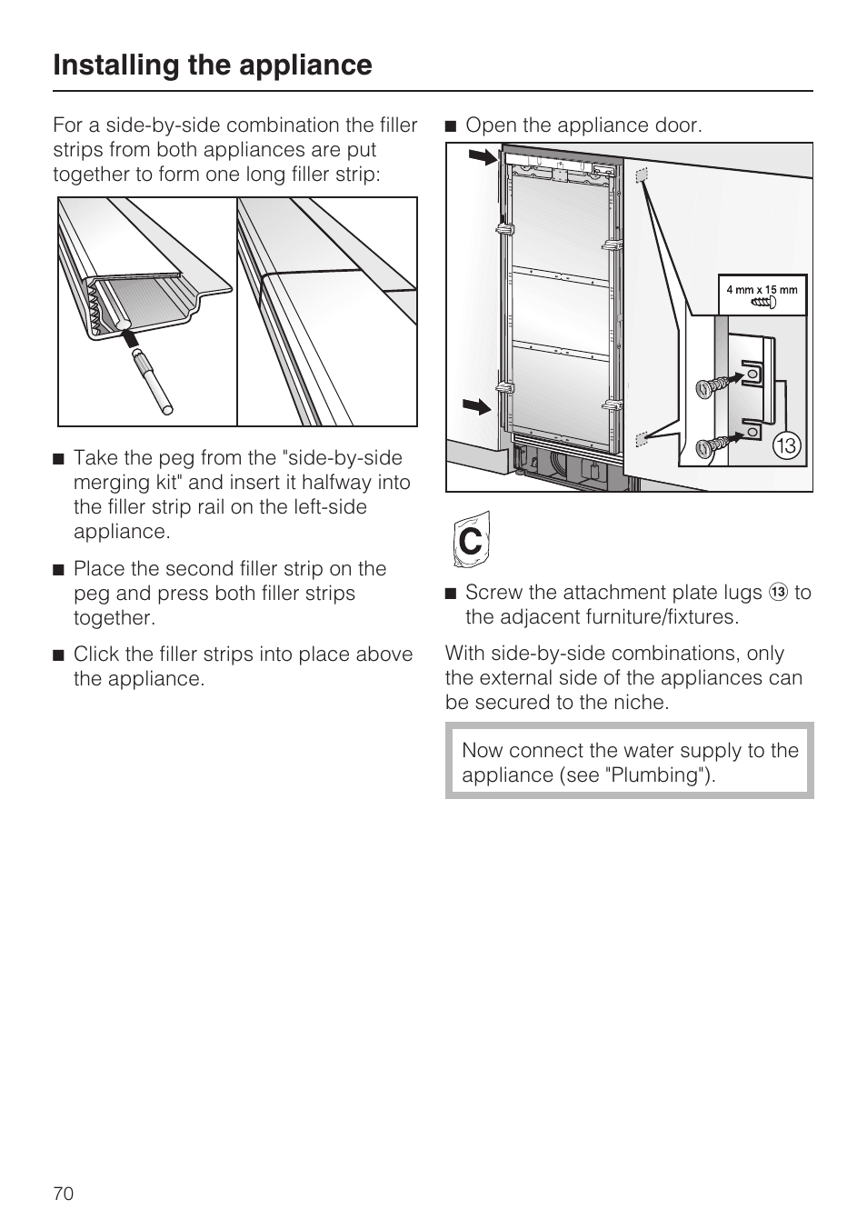 Installing the appliance | Miele F1471VI User Manual | Page 70 / 88