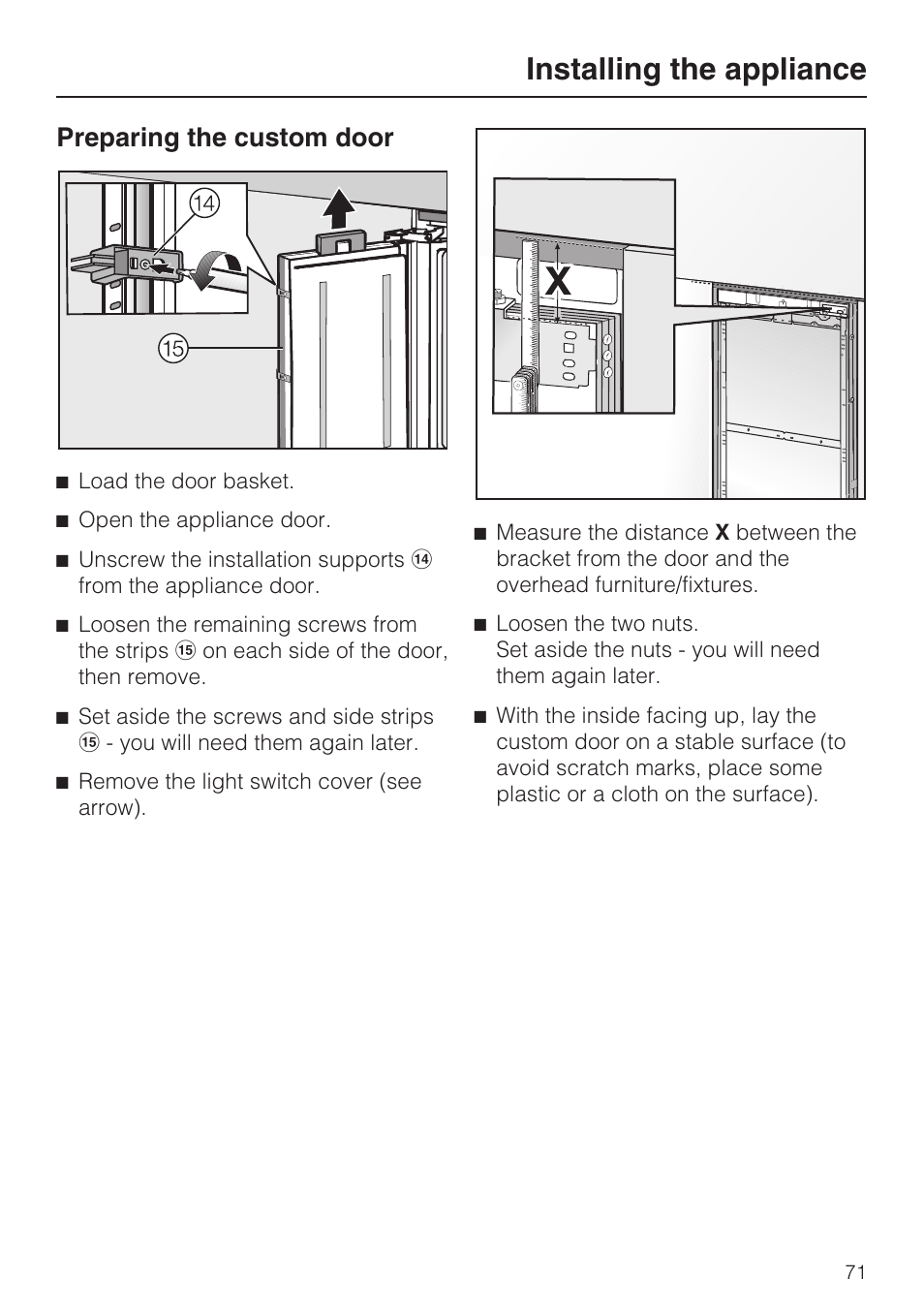 Preparing the custom door 71, Installing the appliance, Preparing the custom door | Miele F1471VI User Manual | Page 71 / 88