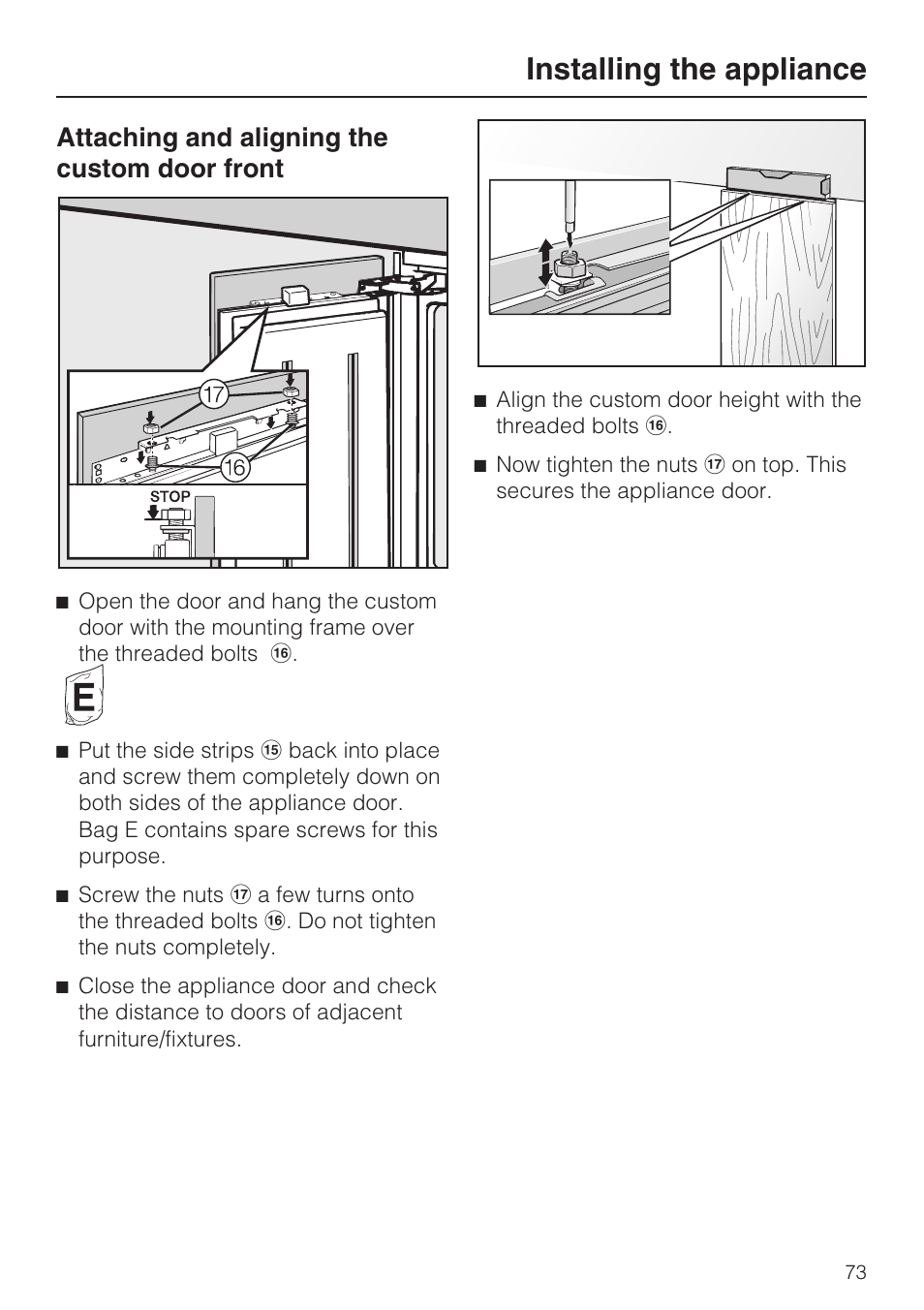 Attaching and aligning the custom door front 73, Installing the appliance, Attaching and aligning the custom door front | Miele F1471VI User Manual | Page 73 / 88