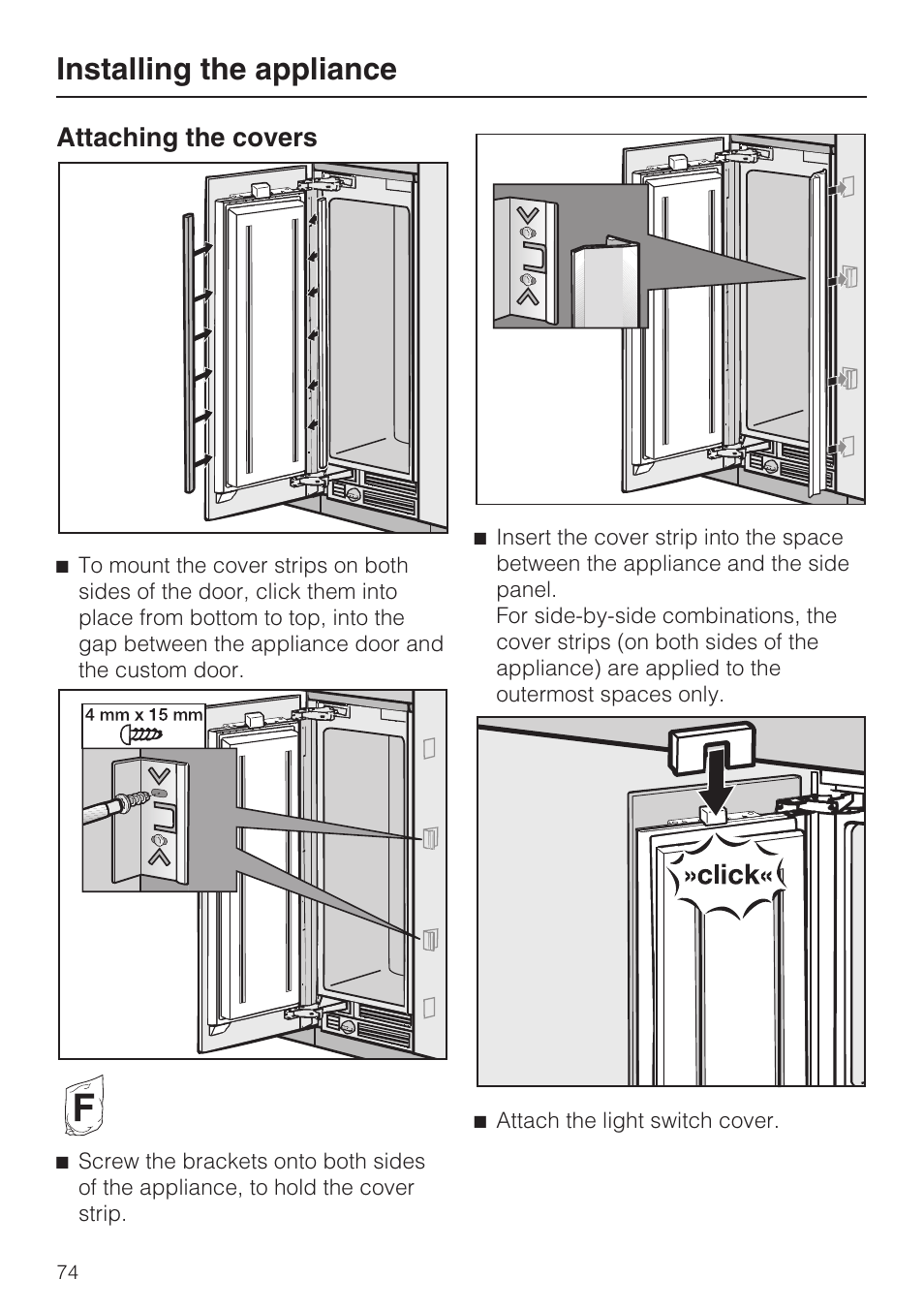 Installing the appliance, Attaching the covers | Miele F1471VI User Manual | Page 74 / 88