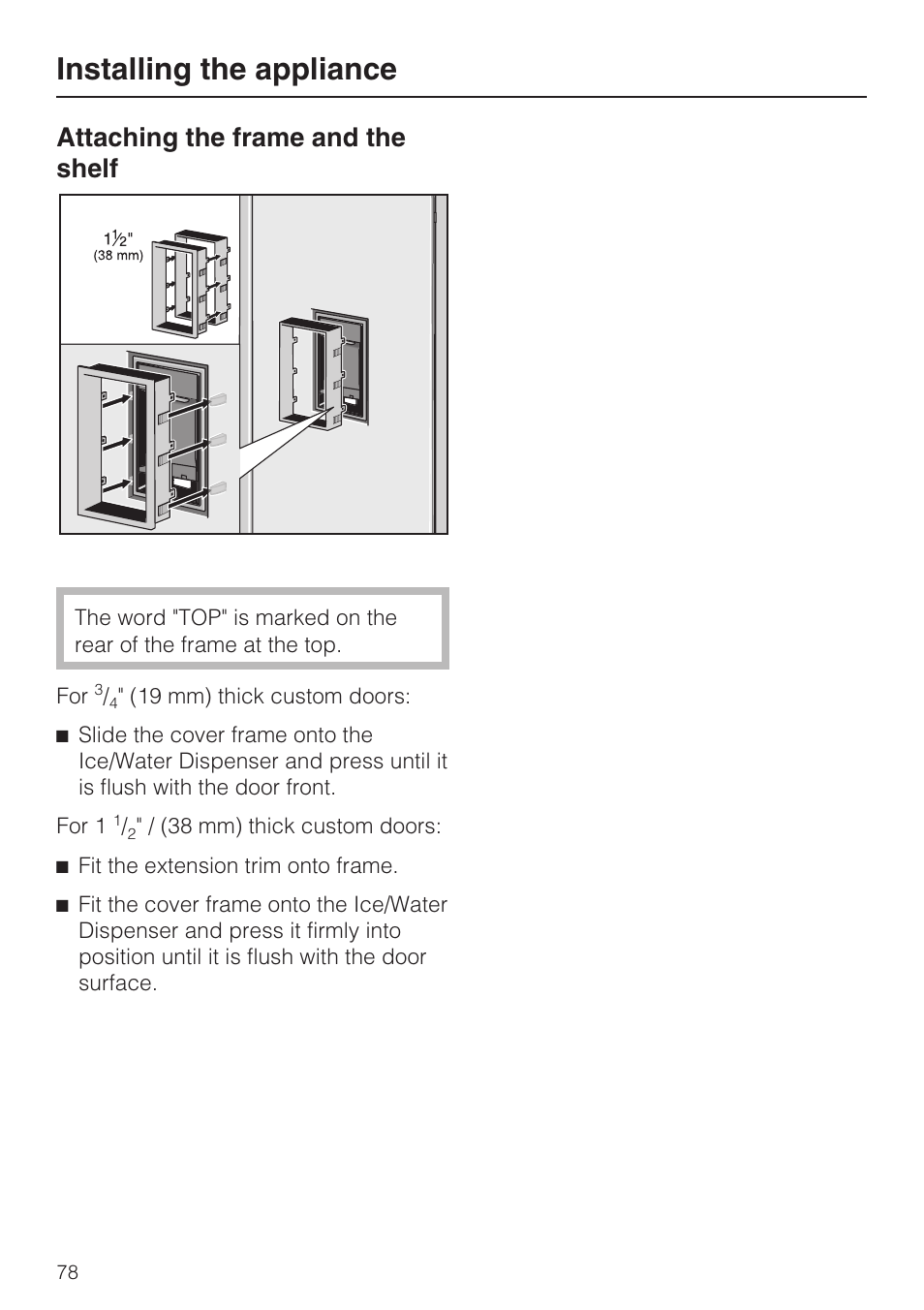 Attaching the frame and the shelf 78, Installing the appliance, Attaching the frame and the shelf | Miele F1471VI User Manual | Page 78 / 88