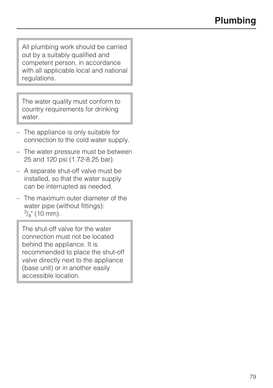 Plumbing 79, Plumbing | Miele F1471VI User Manual | Page 79 / 88