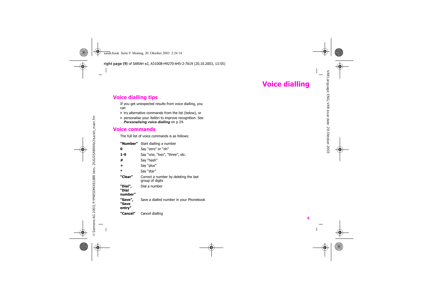 Voice dialling, Voice dialling tips, Voice commands | Siemens Xelibri 8 User Manual | Page 10 / 36