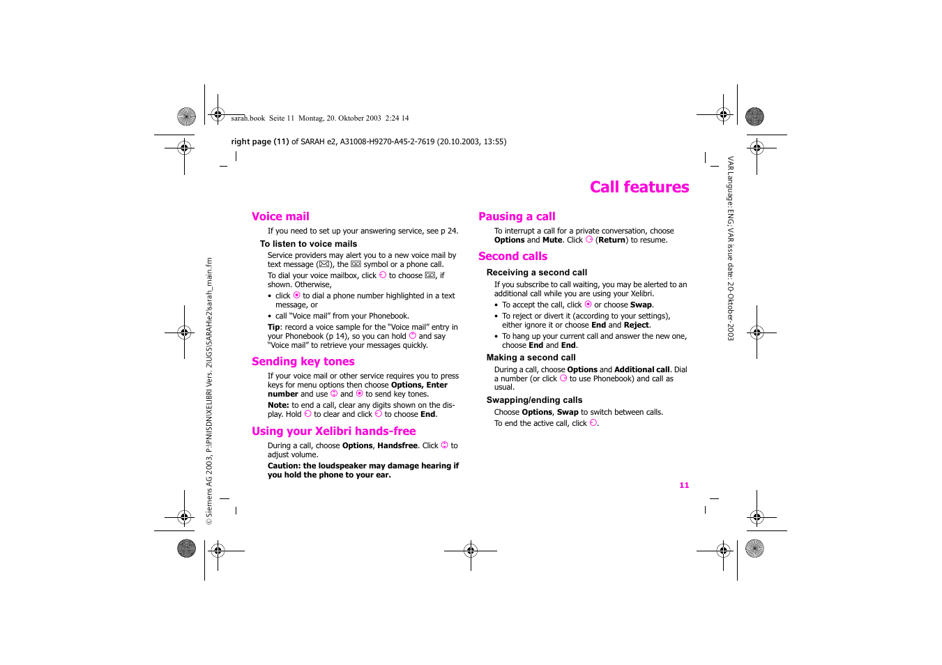 Call features | Siemens Xelibri 8 User Manual | Page 12 / 36
