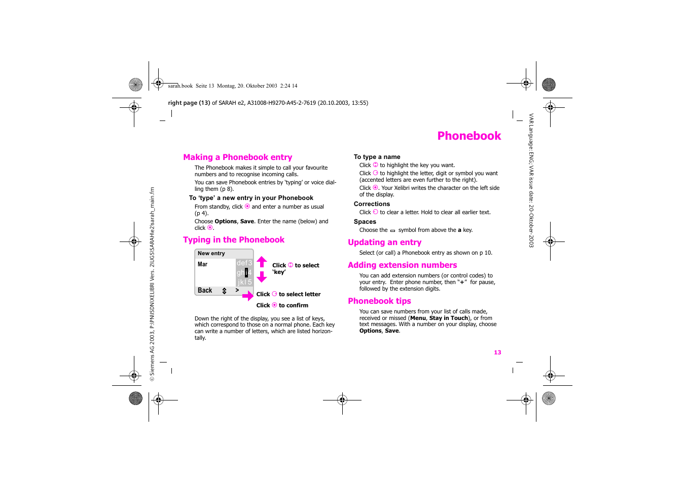 Phonebook | Siemens Xelibri 8 User Manual | Page 14 / 36