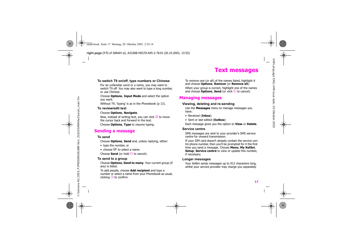 Text messages | Siemens Xelibri 8 User Manual | Page 18 / 36