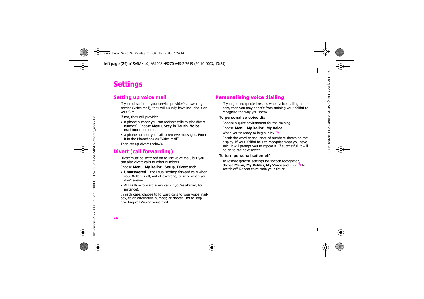 Settings | Siemens Xelibri 8 User Manual | Page 25 / 36