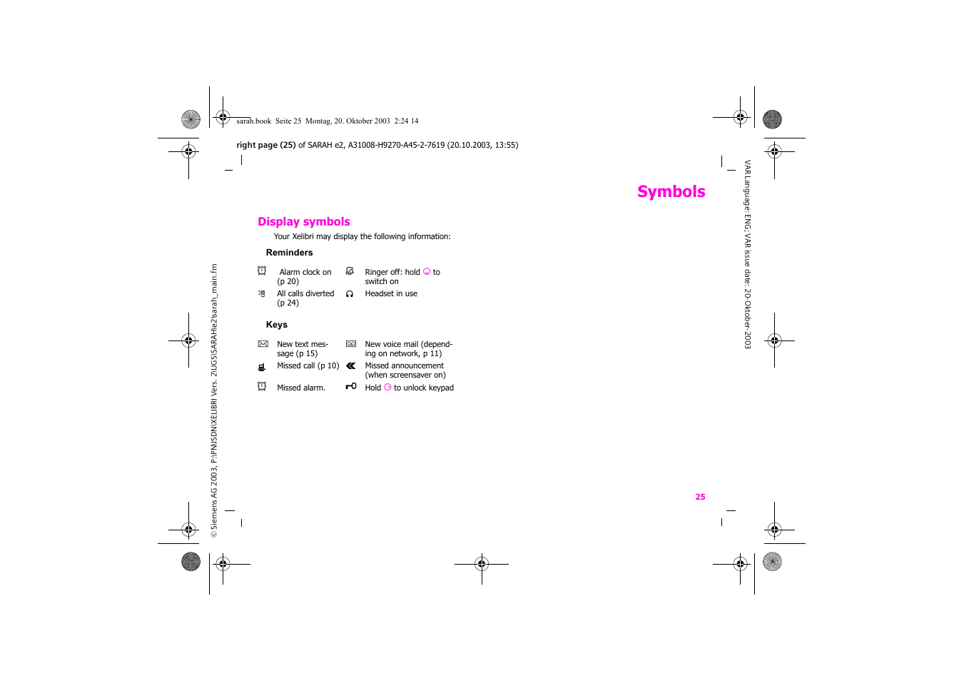 Symbols, Display symbols | Siemens Xelibri 8 User Manual | Page 26 / 36
