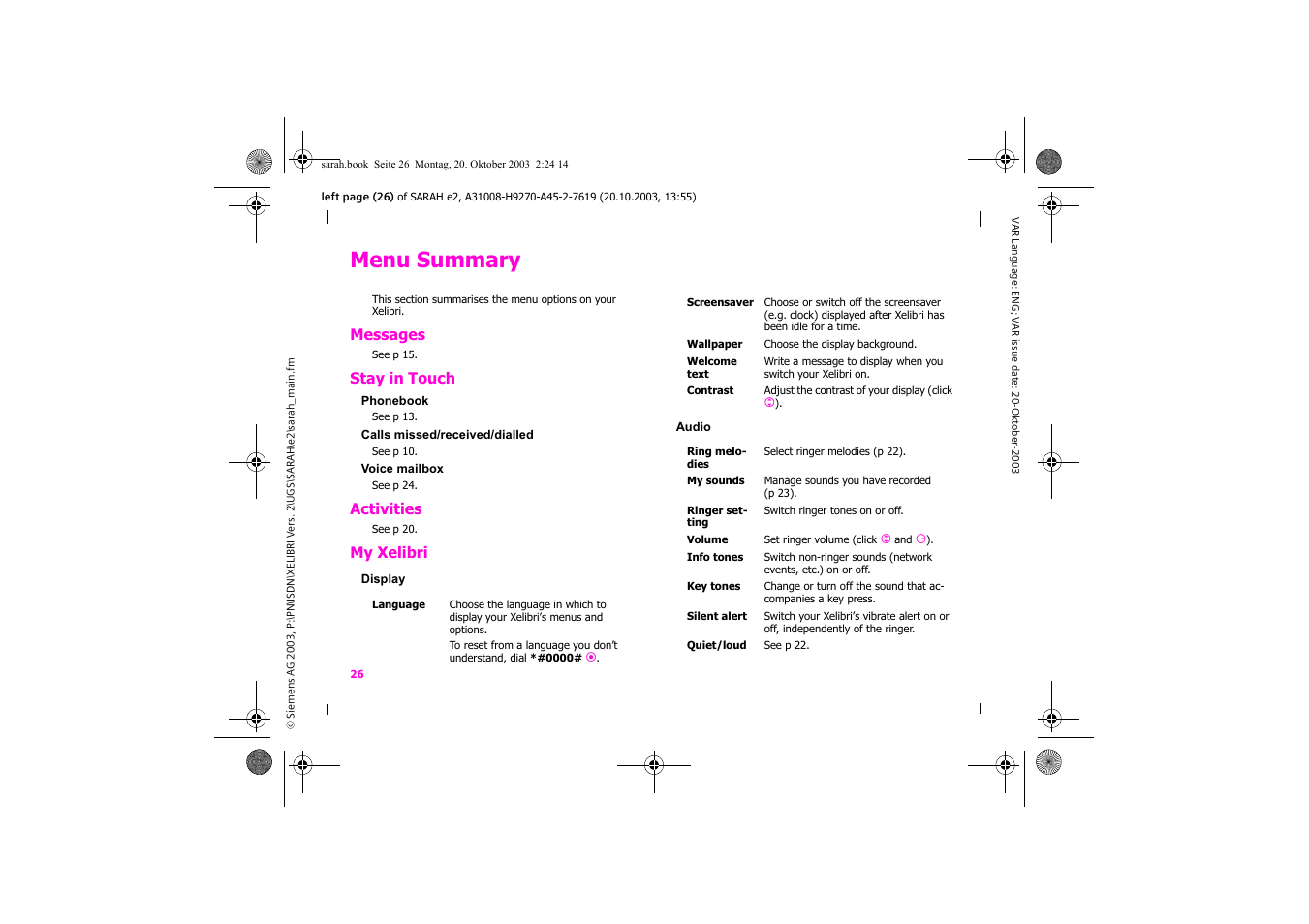 Menu summary | Siemens Xelibri 8 User Manual | Page 27 / 36