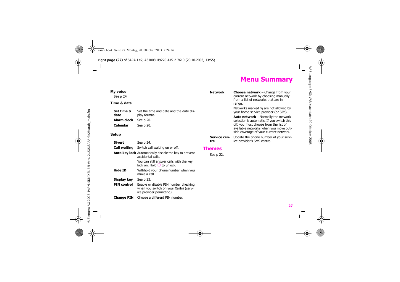 Menu summary, Themes | Siemens Xelibri 8 User Manual | Page 28 / 36